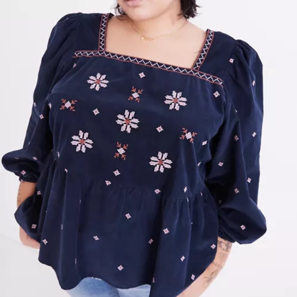 Madewell Embroidered Corduroy Button Back Peplum Blouse Size XL